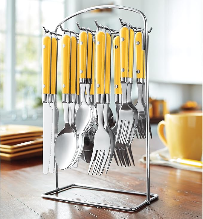 Montgomery Ward 20-Piece Hanging Flatware Set with Rack Golden Honey - Elegant Stainless Steel Utensils (Golden Honey)
