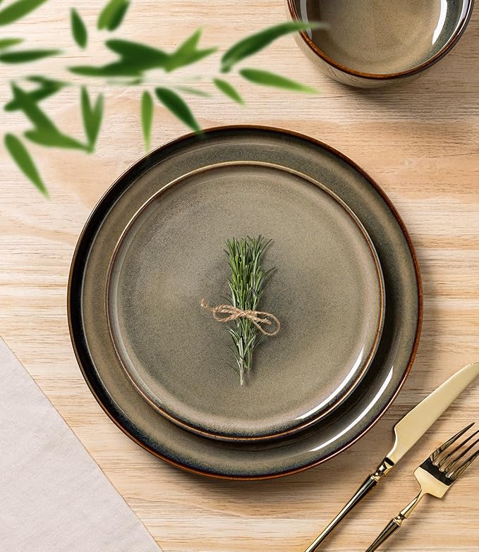 TheTerra Ceramic Dinnerware Sets for 4 12 Pieces Handmade Reactive Glaze Plates and Bowls Set Scratch Resistant Dish Set Oven &amp Microwave &amp Dishwasher Safe
