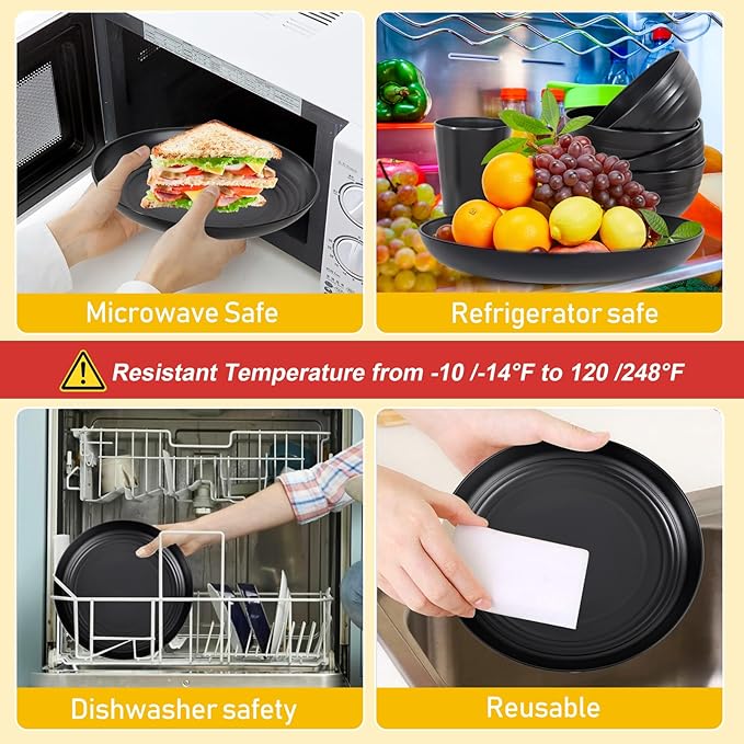 LIYH 16 Pcs Black Wheat Straw Dinnerware Set - Unbreakable Plates and Bowls Sets Dish Sets for 4 Black Plastic Dinnerware Set Include Wheat Straw Dinner Plates Bowls Cups Kitchen &amp Camping