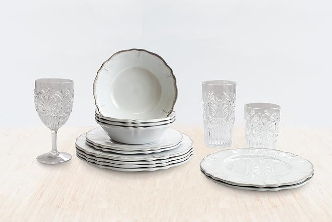Le Cadeaux 12 Piece Luxury Melamine Dinnerware Set Service for 4 (Rustica Antiqua White)