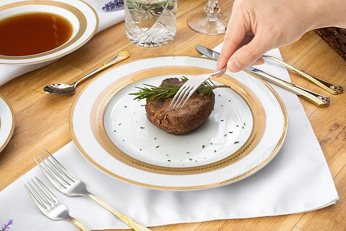 48 Piece Gorgeous Dinnerware Sets for 8 – Porcelain Plates Cups Saucers and Bowls – Elegant Rope Gold Design Dishware – Dish Set for Kitchen Table Formal Dining or Everyday Use (Rope Gold)