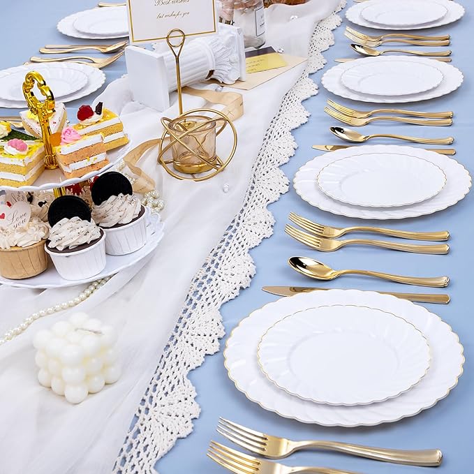 U-QE 100 Pieces Gold Plastic Plates - Premium White Plastic Plates for Party Wedding and Daily Use Including 50PCS 9 '' Plastic Dinner Plates &amp 50PCS 6.5 '' Plastic Dessert Plates