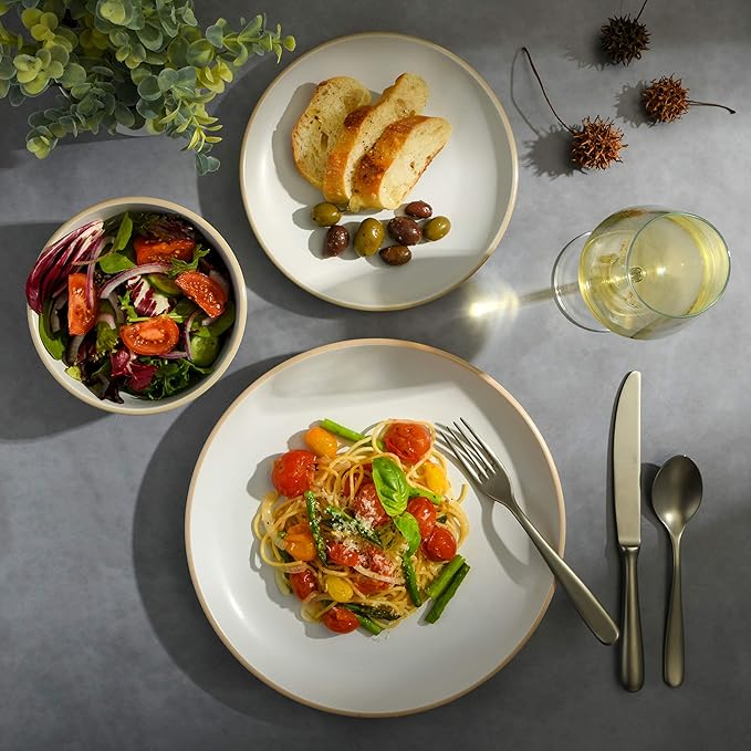 Gibson Home Rockaway 12-Piece Round Stoneware Dinnerware Set Service for 4 – White Plates and Bowls Modern Matte Finish Microwave &amp Dishwasher Safe