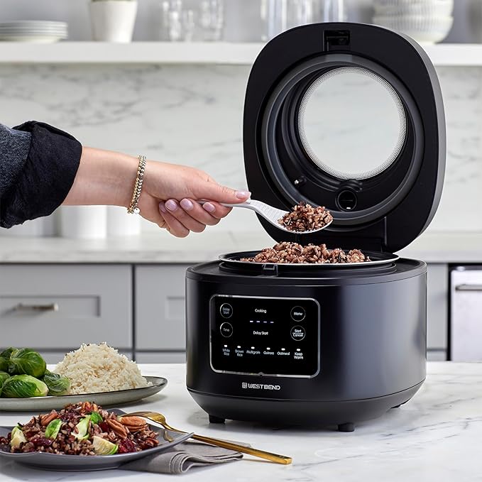 West Bend Programmable Rice &amp Grain Cooker with 7 Preset Functions Includes Delay Start and Keep Warm Features Easy View Window &amp Steam Basket 12 Cups Cooked (6 Uncooked) Black