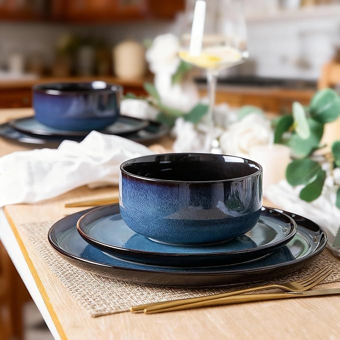 LeRatio Ceramic Dinnerware Sets for 4Porcelain Plates and Bowls SetsHandmade Reactive Glaze Dishes SetChip Resistant and Scratch Resistant | Oven&ampDishwasher &amp Microwave SafeService for 4-B