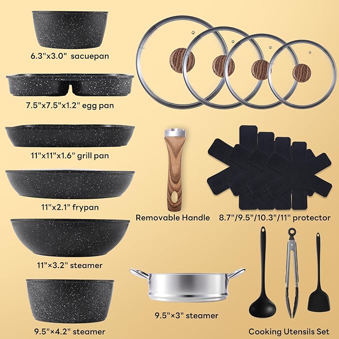 Sweetcrispy 17 Pcs Nonstick Pots and Pans Non-toxic Kitchen Cooking Set with Stay-Cool Handles Natural Black