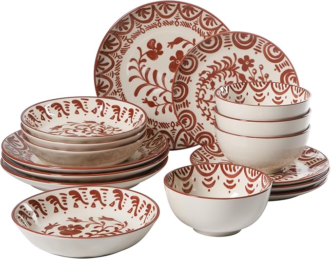 Bloomhouse - 2-Time Oprah’s Favorite Things - Valencia Flor 16 Piece Dinnerware Set Artisanal Decorated Stoneware Plates &amp Bowls Service for 4 Microwave &amp Dishwasher Safe Pomegranate Red