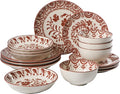 Bloomhouse - 2-Time Oprah’s Favorite Things - Valencia Flor 16 Piece Dinnerware Set Artisanal Decorated Stoneware Plates &amp Bowls Service for 4 Microwave &amp Dishwasher Safe Pomegranate Red