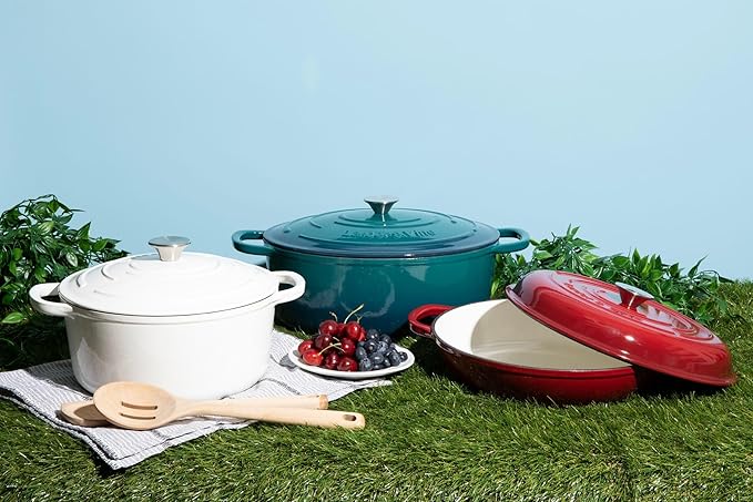 Larder &amp Vine 6-Piece Enameled Cast Iron Pan Cookware Sets Includes 8 Quart and 5.7 Quart Dutch Oven with Lids Braiser/Crock Pot with Lid (White)