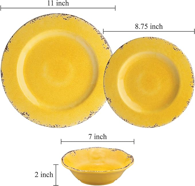 UPware 12 Piece Crackle Melamine Dinnerware Sets Outdoor Dishes Set Plates and Bowls Sets Service for 4 Yellow
