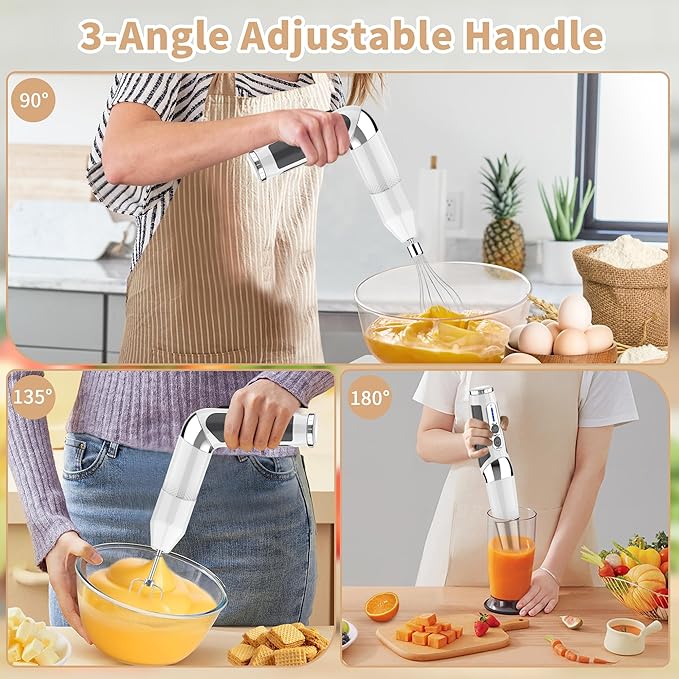 Toogel Cordless Immersion Blender 4-in-1 Electric Hand Blender with 21-Speed &amp 3-Angle Adjust USB Rechargeable BPA-Free &amp Dishwasher Safe for Baby Food Smoothies Soup (White)