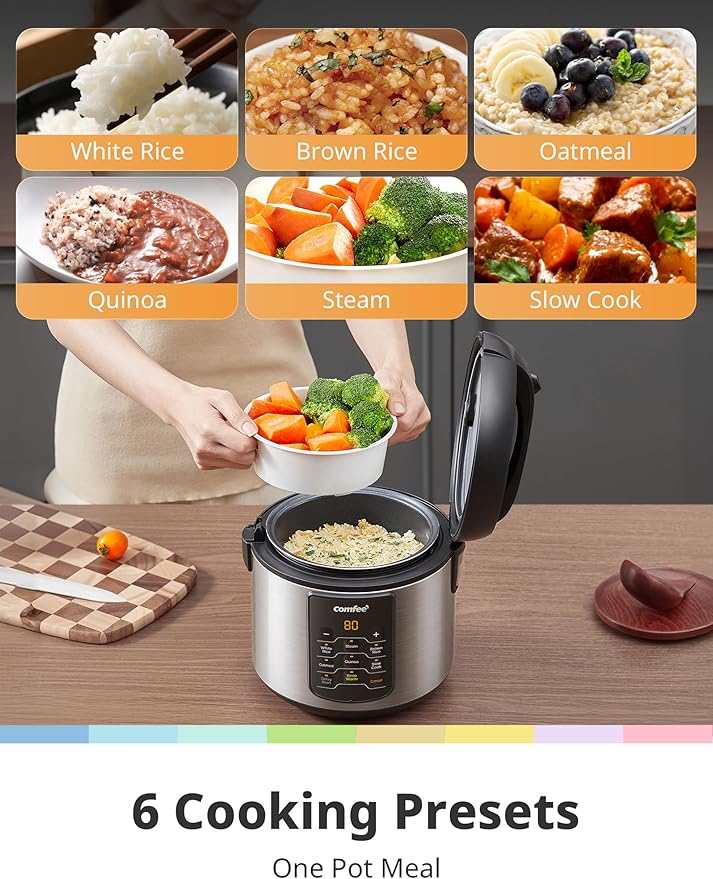 COMFEE' Compact Rice Cooker 6-in-1 Stainless Steel Multi Cooker Slow Cooker Steamer Saute and Warmer 2 QT 8 Cups Cooked(4 Cups Uncooked) Brown Rice Quinoa and Oatmeal 6 One-Touch Programs C