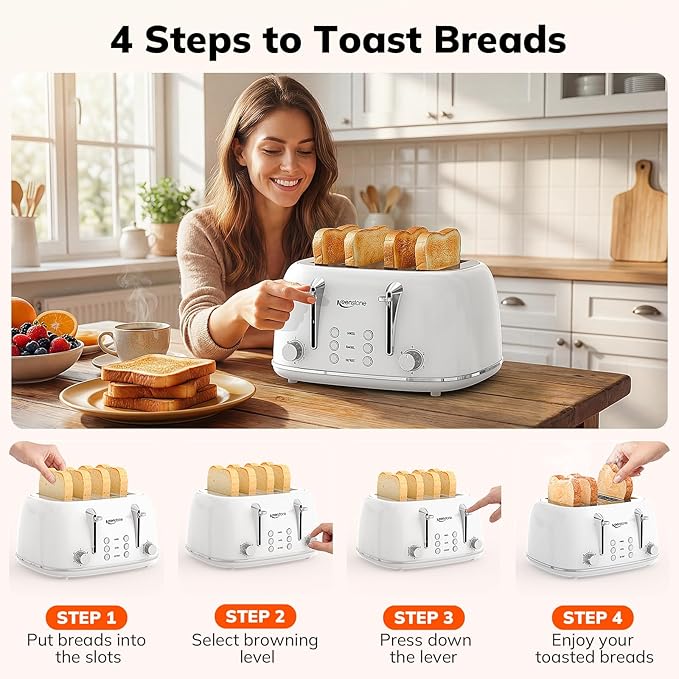 Keenstone Toaster 4 Slice Retro Stainless Steel Wide Slot Toaster with Dual Independent Controls 6 Browning Levels Bagel Defrost Reheat &amp Cancel Removable Crumb Tray White