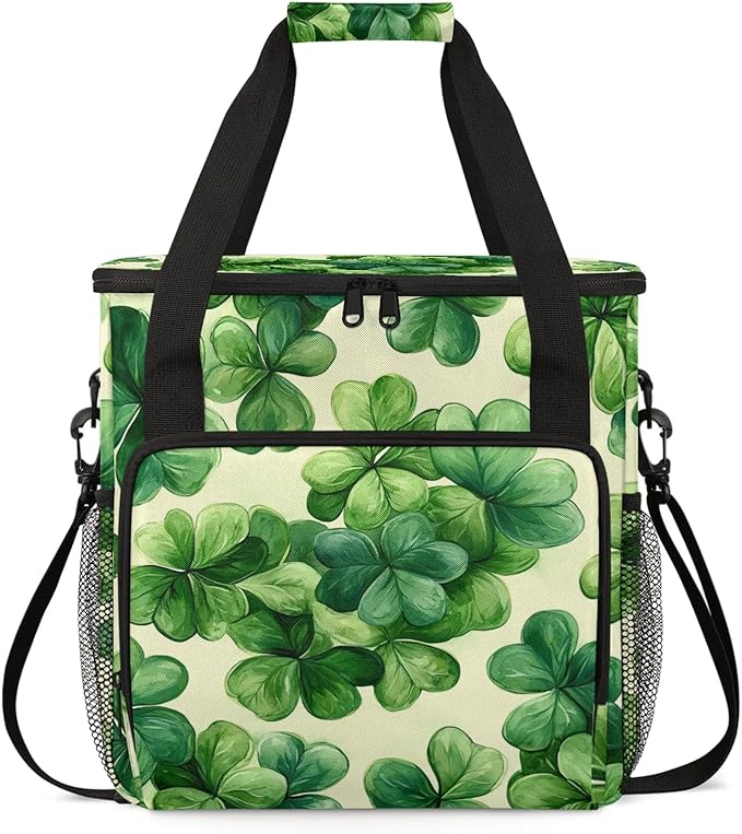 St Patricks Day Coffee Maker Travel Bag Clover Shamrock Insulated Grocery Bag Travel Picnic Leakproof Cooler Bags With Shoulder Strap