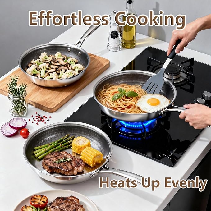Yoehka 14-Piece Hybrid Stainless Steel Cookware Set Non-Stick Pots and Pans Set with 3 Silicone Trivets | Induction Compatible Frying Pans Saucepans Saute Pan &amp Stock Pot | Oven Dishwasher Safe