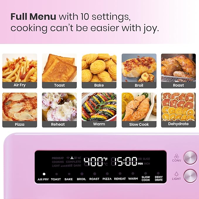 VAL CUCINA Retro Style Infrared Heating Air Fryer Toaster Oven Extra Large Countertop Convection Oven 10-in-1 Combo 6-Slice Toast Enamel Baking Pan Easy Clean with Recipe Book Classic Pink Color
