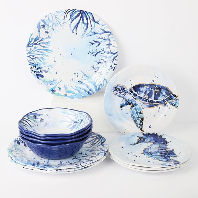 UPware 12 Piece Indigo Sea Life Melamine Dinnerware Sets Outdoor Dishes Set Plates and Bowls Sets Service for 4 Blue