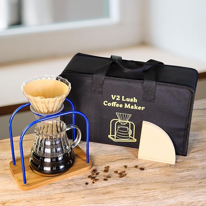 SOTECH Pour on coffee drips filter Wooden stand Glass sharing pot with paper filter coffee tea and saffron set (blove)