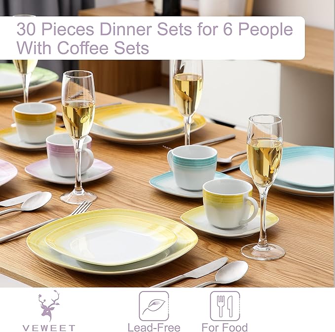 VEWEET Spark Series 30-Piece Dinner Set Ivory White China Ceramic Dinner Combi-Set with Dessert Plates/Soup Plates/Dinner Plates/Cups/Saucers Service for 6