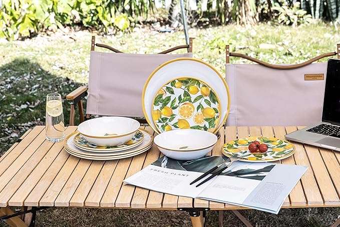 Melamine Dinnerware Sets- 12pcs Melamine Plates and Bowls Set for 4Indoor and Outdoor Dinnerware Lemon dinnerware set