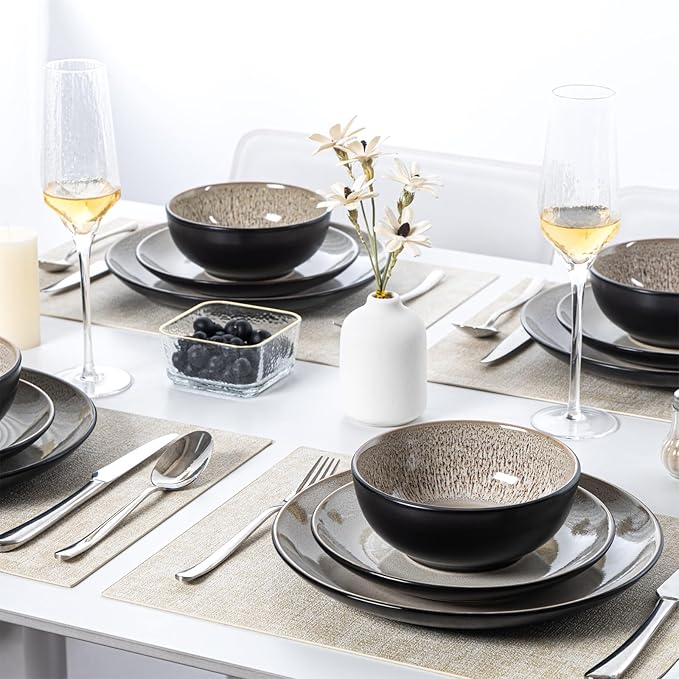 Plates and Bowls Sets for 6 - CJDC-QUELO 24-Piece Stoneware Dinnerware Sets Ceramic Dishware Set for Indoor Kitchen Use and Formal Dining Chip and Scratch Resistant Microwave Dishwasher Safe Brown