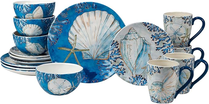 Playa Shells 16-Piece Coastal Dinnerware Set Service for 4 – Ceramic Plates Bowls &amp Mugs with Beach Shell Art – Great for Everyday Dining Entertaining Beach House or Nautical Décor