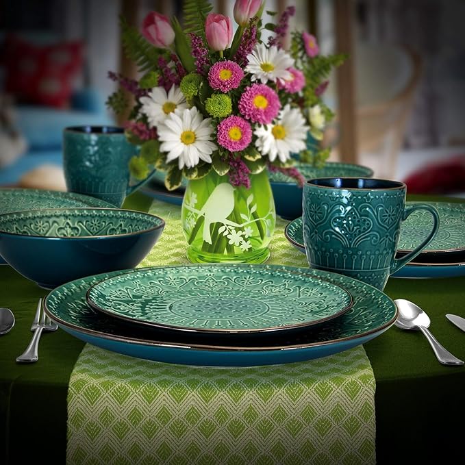 16 Piece Sea Foam Mosaic Stoneware Dinnerware Set – Textured Mandala Plates Complete Setting for 4
