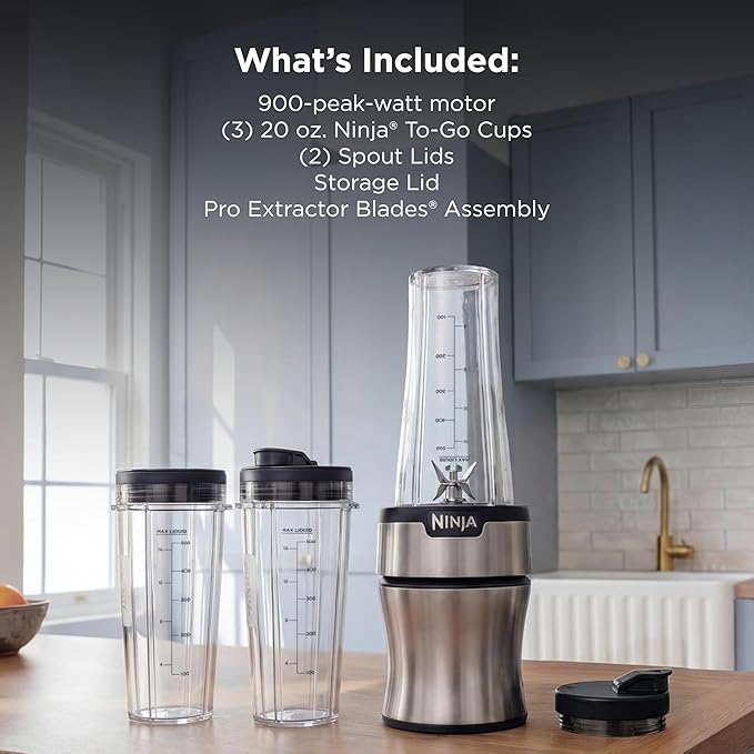 Ninja BN301 Nutri-Blender Plus Compact Personal Blender 900-Peak-Watt Motor Frozen Drinks Smoothies Sauces &amp More (3) 20 oz. To-Go Cups (2) Spout-Lids (1) Storage-Lid Dishwasher Safe Silve
