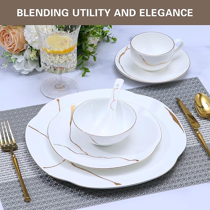 24 Piece White Porcelain Dinnerware set for 4Plates and Bowls Sets With Gold Rim and gold accentsHighly Chip and Crack Resistant | Dishwasher Safe Dishes Set