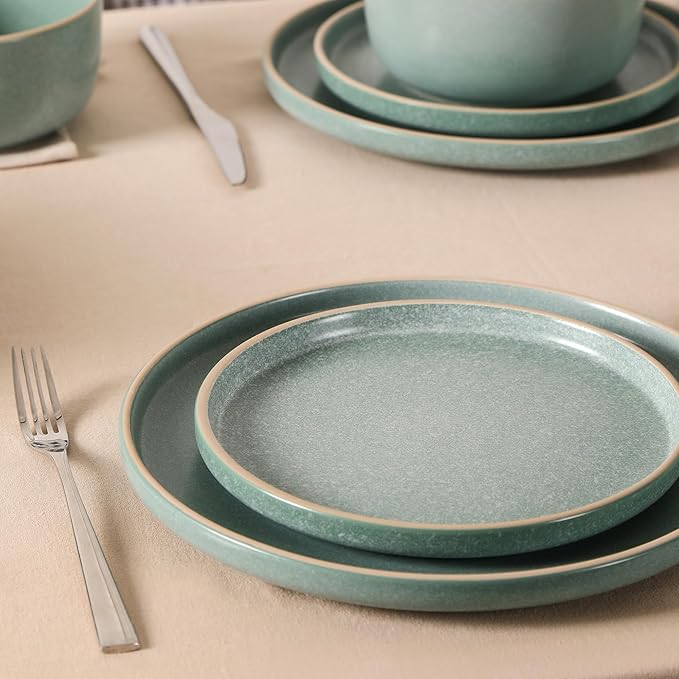 Earth &amp Clay Amber 24-Piece Dinnerware Set Stoneware Dishwasher and Microwave Safe Plates and Bowls Set Dish Set for 8 Green