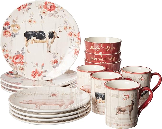 Certified International Farmhouse 16 pc Dinnerware Set Multicolored 10.75 Inches Service for 4