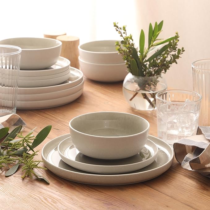 Gibson Elite Tahoe Sunset 12-Piece Reactive Stoneware Dinnerware Set – Matte Exterior &amp Shiny Interior Plates and Bowls Durable Everyday Dish Set Microwave &amp Dishwasher Safe - Grey