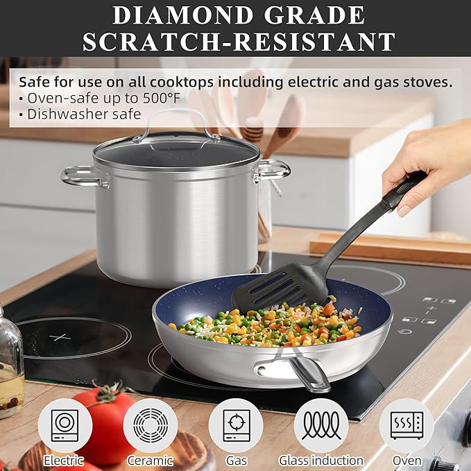 Nuwave Healthy Duralon Blue Ceramic Nonstick Cookware Set Diamond Infused Scratch-Resistant PFAS Free Dishwasher &amp Oven Safe Induction Ready &amp Evenly Heats Tempered Glass Lids &amp Stay-