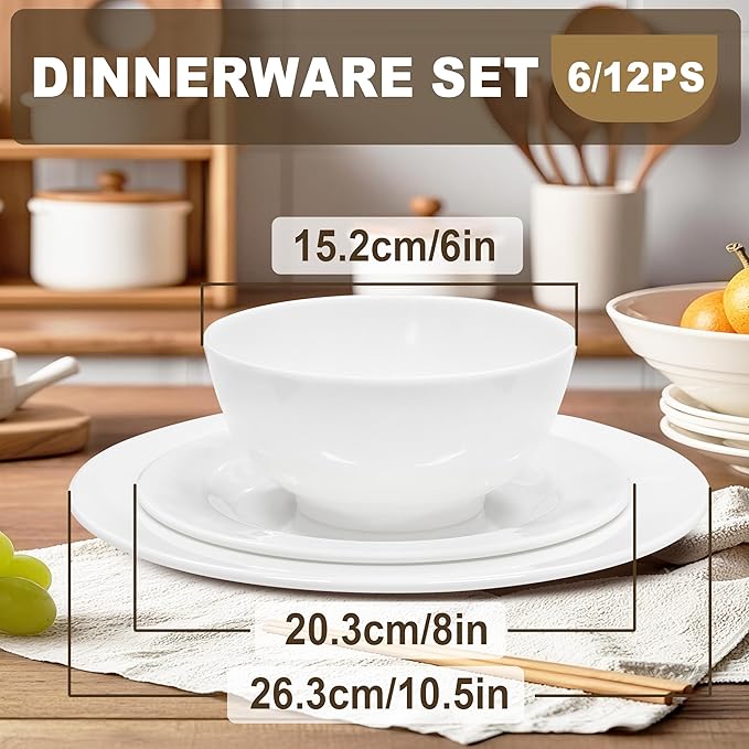 6 Sets Plates And Bowls Set(18 Piece) - Unbreakable Lightweight Dinnerware Set With 26 oz Cereal Bowls 8 inch Dessert Plates 10.5inch Dinner Plates Dishwasher Safe Reusable Gift for Wedding Home