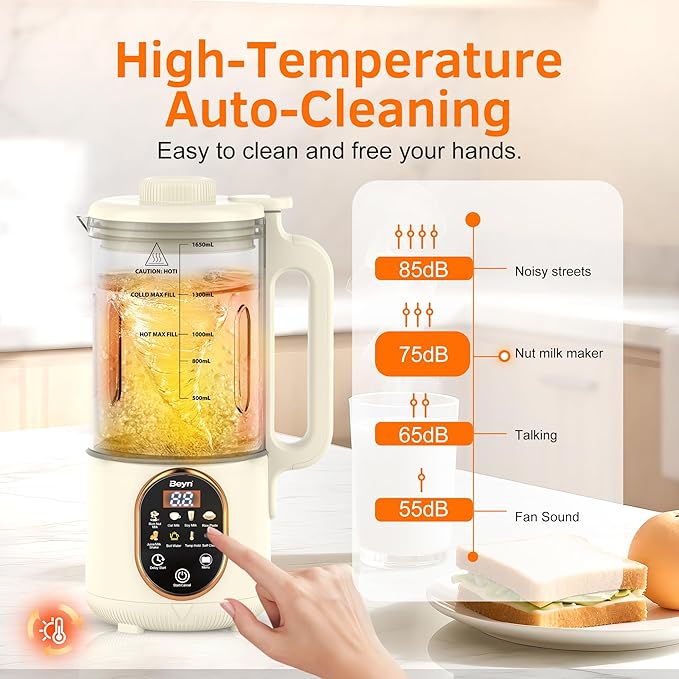 Beyn 10-in-1 Automatic Nut Milk Maker Machine 60oz Large Capacity with 𝟒𝟖 𝐓𝐢𝐭𝐚𝐧𝐢𝐮𝐦 Blades &amp Self-Cleaning. for Homemade Almond Soy Oat Milk Milkshake (Cream)