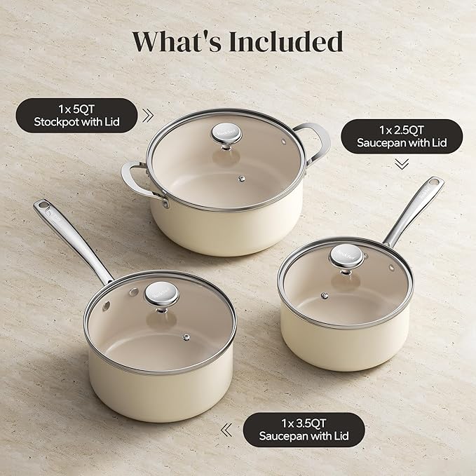 Redchef Cooking Pot Set Induction 5Qt Saucepan Set 2.5/3.5Qt Nonstick Ceramic Cookware Set Compatible All Cooktops Even Heat Stay-Cool Handles Oven/Dishwasher Safe PTFE PFAS Free (Beige)