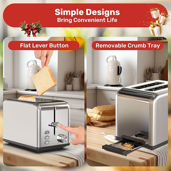 YSSOA 2 Slice Stainless Steel Toaster 6 Shade Settings and Bagel/Defrost/Cancel Functions with Extra Wide Slot &amp Removable Crumb Tray for Various Bread &amp Waffle Silver New