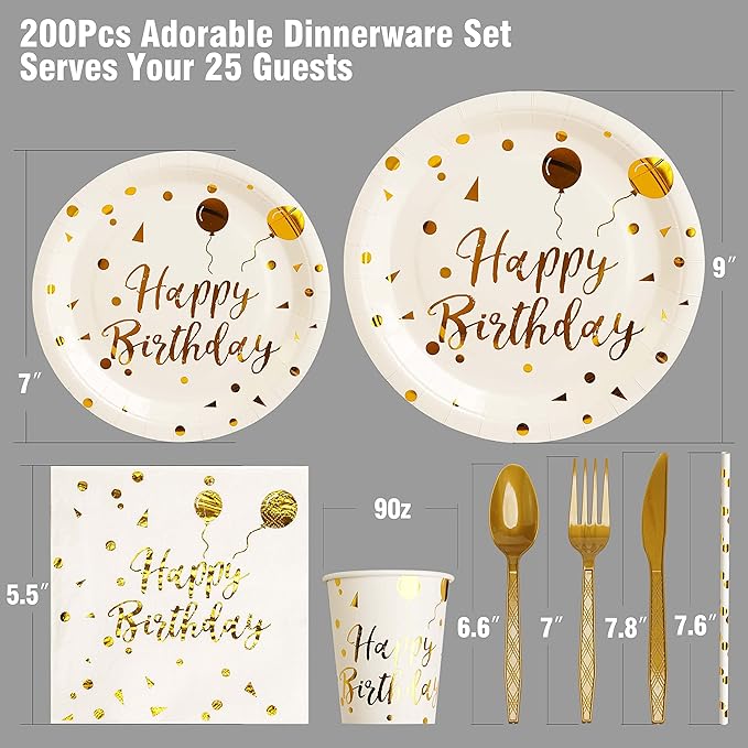 200 pieces of white and gold birthday party supplies disposable happy birthday tableware set gold plastic knives forks spoons straws. Birthday themed tray cup25Guests（white）