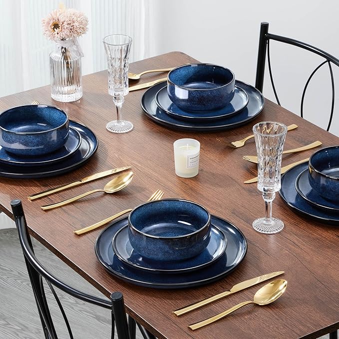 E-far 18-Piece Plates and Bowls Set Dinnerware Sets for 6 Reactive Glaze Stoneware Dishes Dinning Ware Microwave &amp Dishwasher Safe - Deep Sea Blue