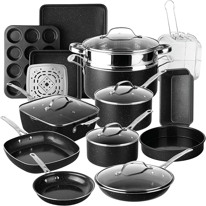 Granitestone Ceraluxe 20 Pc Ceramic Cookware Set Nonstick Complete Pots and Pans Set Non Stick with 5 Pc Bakeware Set Deep Frying Pan Set &amp Steamer Non Toxic PFOA Free Oven &amp Dishwasher S