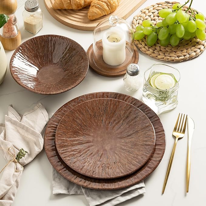 MissYIP 12 Pcs Unbreakable Dinnerware Set - Service for 4 Dishwasher Safe Plates and Bowls - Ideal for Party Camping Indoor &amp Outdoor Use (Brown)