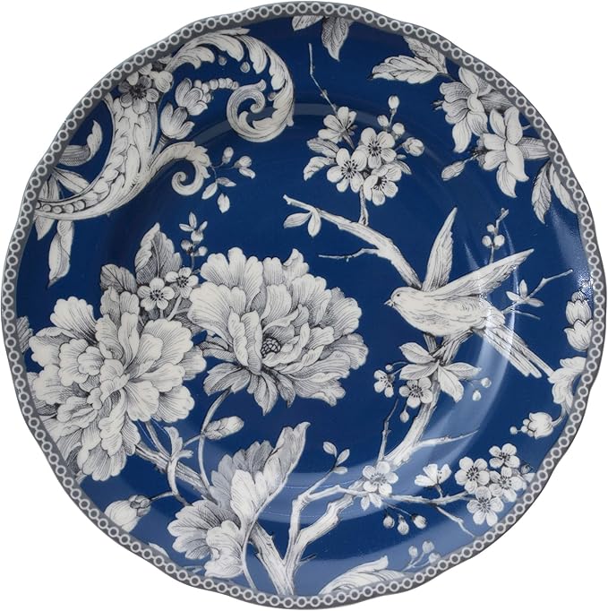 222 Fifth Adelaide 16-Piece Dark Blue Porcelain Dinnerware Set – Service for 4 Plate Bowl &amp Mug Set Bird &amp Floral Design Everyday Big Dinner Plates and Bowls Sets Microwave &amp Dishwash