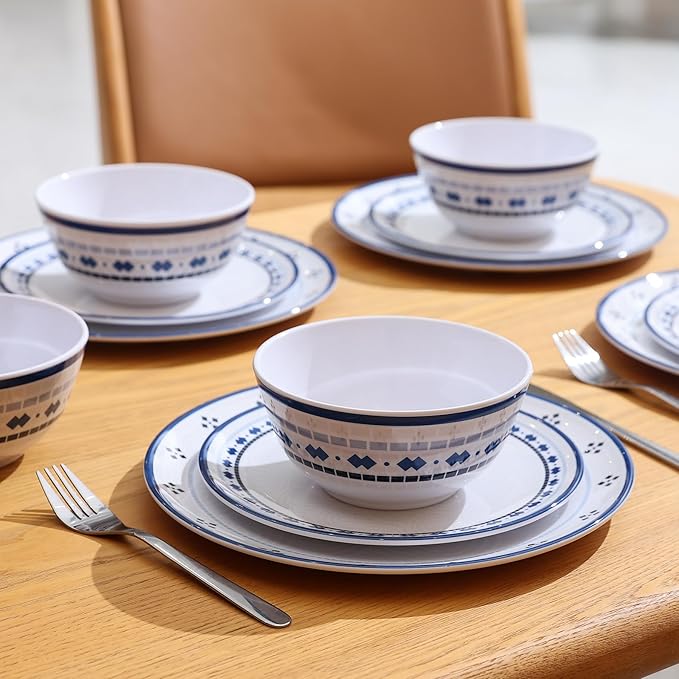 Melamine Dinnerware Set 12pcs Plates and Bowls Set Blue Dinner Dishes Set for Indoor and Outdoor BPA-Free Dishwasher Safe Blue