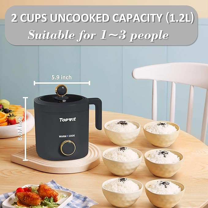 TOPWIT Rice Cooker Small Mini Rice Cooker 2 Cups Uncooked 1.2L Portable Rice Maker with Non-stick Coating BPA Free One Touch &amp Keep Warm Function Grey