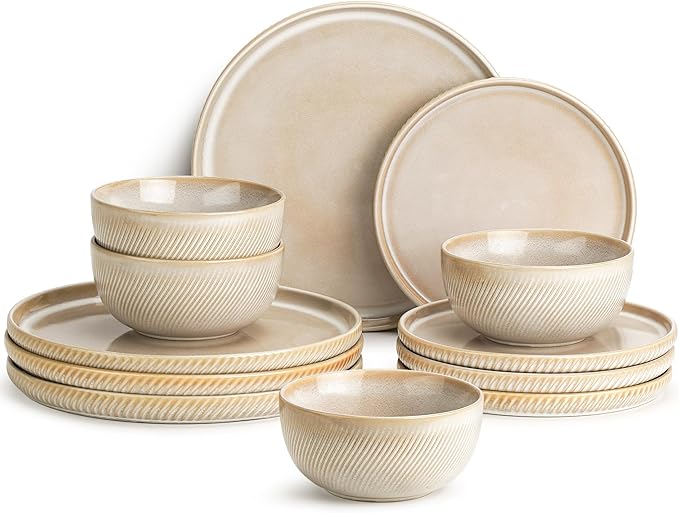 Stoneware Dinnerware Sets for 4 12-Piece Scratch Resistant Plates and Bowls Set Dishwasher and Microwave Safe Ceramic Dishes Set Ribbed Sculpted Dune