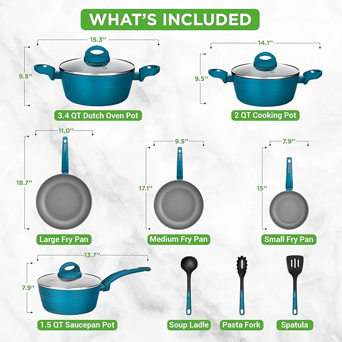 NutriChef 12-Piece Nonstick Kitchen Cookware Set - Easy to Clean Fireproof Lacquer - Saucepot Cooking Pots Fry Pans Utensils Tempered Glass Lids - Light Gray/Green Induction Ready