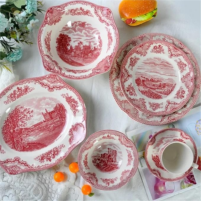 Porcelain Ceramic Dinnerware Set - 8 &amp 10 Inch Plates Bowls Coffee Cups for Kitchen Dining(6 holes-140-pink)
