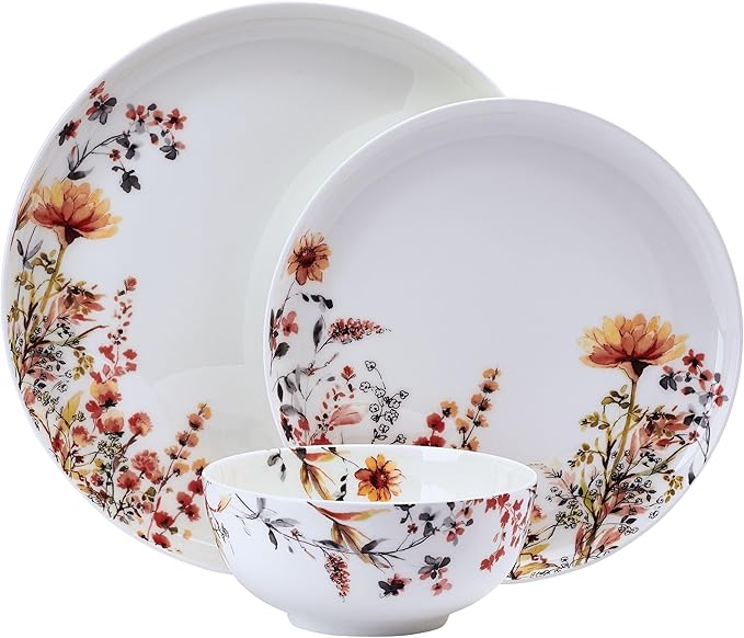 Mikasa Wildflower Bliss 12 Piece Floral Bone China Durable Chip Resistant Lightweight Dinnerware Set Service for 4
