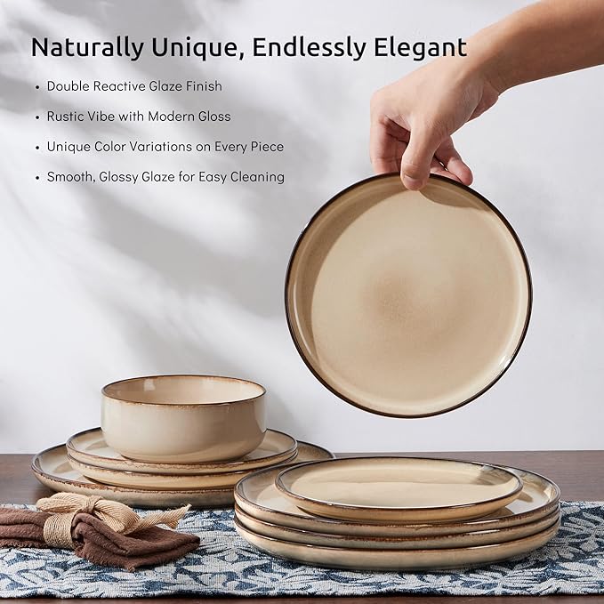 E-far 12-Piece Plates and Bowls Set and 10.5” Ceramic Dinner Plates Set of 6 Bundle Stoneware Dinnerware Sets for 4 Round Salad Plate for Home Kitchen Restaurant Microwave &amp Dishwasher Safe