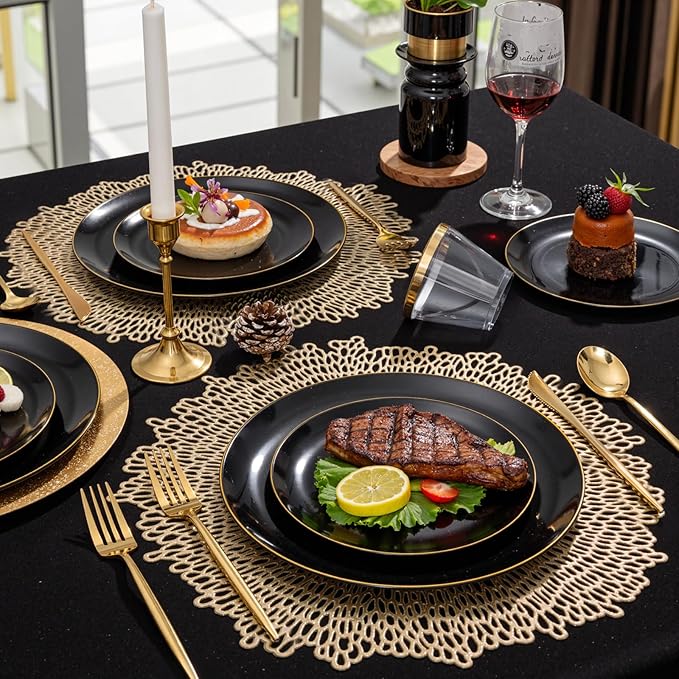 bUCLA 150PCS Black and Gold Plastic Plates - Black Gold Plastic Dinnerware Set Disposable - Include 25 Dinner / 25 Dessert Plates 25 Knives 25 Forks 25 Spoons 25 Cups Ideal for Party &amp Birthd